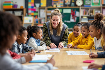  Smiling Teacher Engaging Diverse Group of Children in Inclusive Classroom Setting Promoting Learning and Collaboration