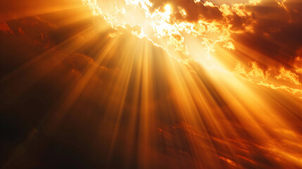  Sunlight beams through clouds with lens flare effect, golden rays illuminate dramatic sky, nature's awe-inspiring light