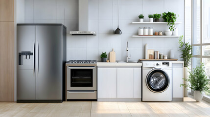 Modern kitchen featured with sleek refrigerator, stove, and dishwasher, alongside a washer and dryer, showcasing a fully equipped home
