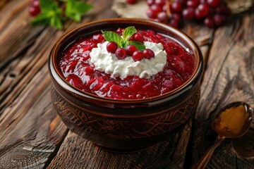 Classic Ukrainian borscht with sour cream Delicious beet soup from Ukraine