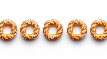 Row of golden pretzels, close-up view, fine salt granules visible, isolated on white, casual snack and food concept
