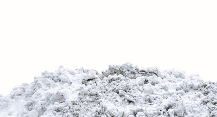 Huge heap of white and black dirty street snow or snowdrift isolated on white background