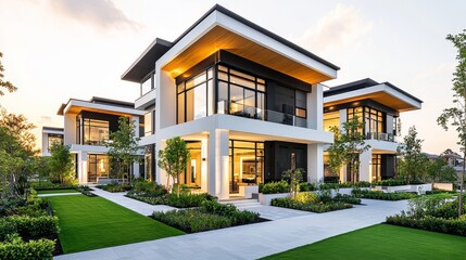 Sleek new apartment complex, Canadian modern design, large glass windows and clean lines, surrounded by lush greenery under bright summer skies