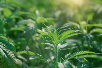 Naklejka premium Close up of a thriving hemp plant symbolizing natural remedies like CBD oil and pharmaceuticals