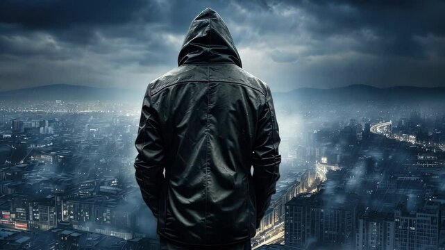 Mysterious faceless figure in hood on city rooftop at night.