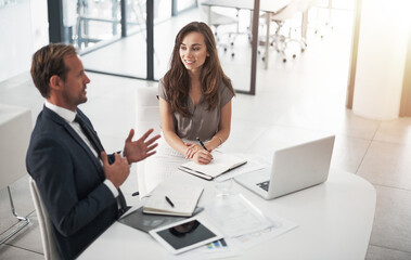 Staff, business people and laptop with teamwork, collaboration or coworking in office or meeting. Woman, man and technology for brainstorming, discussion or review in project management as colleagues