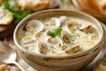 Close up of clam chowder soup in a bowl on table horizontal