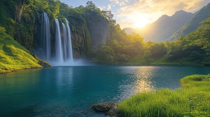 Fototapeta premium Majestic waterfall cascading into a serene turquoise pool at sunset, surrounded by lush greenery and mountains.