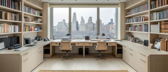 Modern City View Office With Built In Bookshelves
