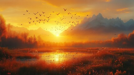 Serene Sunset Over Mountain Lake with Flying Birds, Vibrant Colors Reflecting on Water, Tranquil Nature Scene Capturing Majestic Beauty and Peaceful Atmosphere