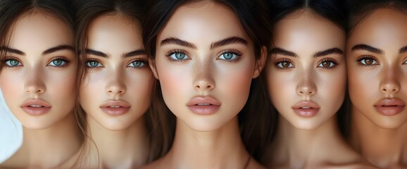 Obraz premium A diverse group of beautiful women with natural beauty and glowing smooth skin. Portrait of many attractive female fashion models with great skincare of all races, tones and style,
