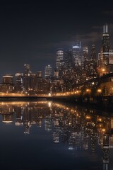 Fototapeta premium City skyline with lights reflecting on water.