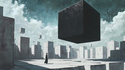 The enigma of the monolith: a lone figure contemplates a colossal black monolith hovering amidst a cascade of smaller cubes within a stark concrete structure. Monolith. Illustration