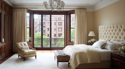 Obraz premium Elegant Bedroom Suite Featuring Bay Window and Classic Decor