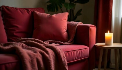 A red velvet sofa with a red pillow and a blanket in a dimly lit room with a plant in the background