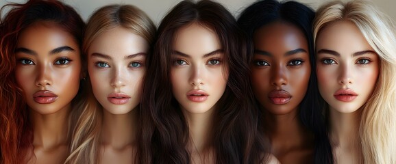 Obraz premium A diverse group of beautiful women with natural beauty and glowing smooth skin. Portrait of many attractive female fashion models with great skincare of all races, tones and style,