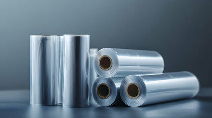 Rolls of Transparent Stretch Wrap Film on Grey Background for Packaging and Shipping Uses, Versatile Stretch Film for Protection, Storage, and Transportation Solutions