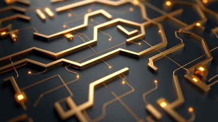 Explore a futuristic circuit board with sleek gold and black tones, perfect for tech enthusiasts and creative projects.