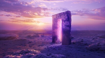 a realistic high-definition photograph of a rustic stone door standing alone in a vast desert slightly ajar with a bright turquoise light streaming out