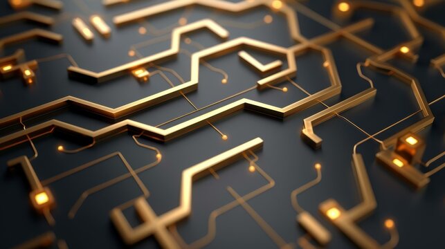 Explore a futuristic circuit board with sleek gold and black tones, perfect for tech enthusiasts and creative projects.