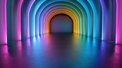 Explore the vibrant glow of multicolored neon lamps illuminating a dark tunnel with stunning reflections on the walls.