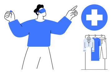 Person wearing a VR headset and pointing while holding a small object, clothing rack with various garments, blue medical cross symbol. Ideal for technology, fashion, healthcare, innovation, virtual