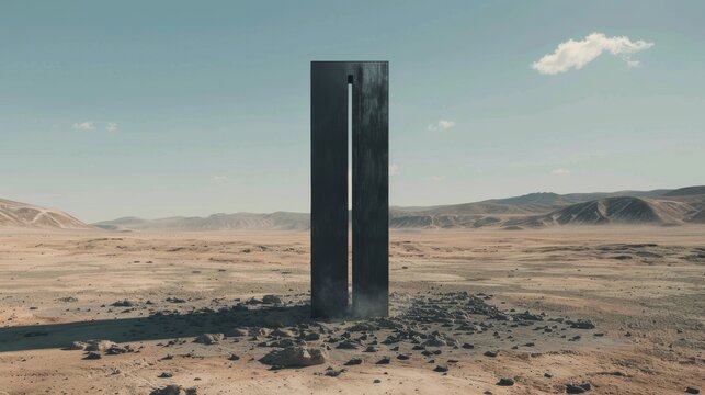 a realistic high-detail photo in 4K of a tall black door with rust patches standing in the middle of a desert
