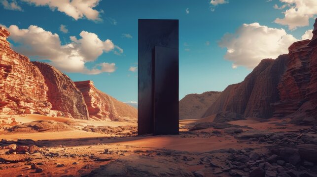 a realistic high-detail photo in 4K of a tall black door with rust patches standing in the middle of a desert