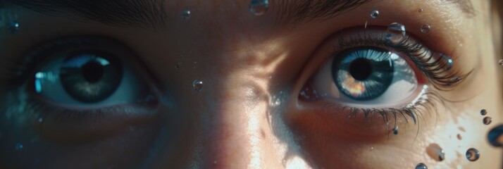 Close-up illuminated eyes with water drops, reflecting vibrant light, deep gaze, intense focus underwater photography concept