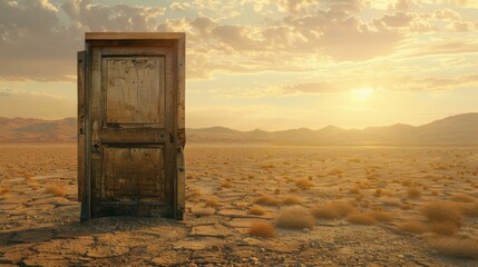 a realistic high-detail photo of a rustic wooden door in the middle of an endless desert slightly ajar with a warm