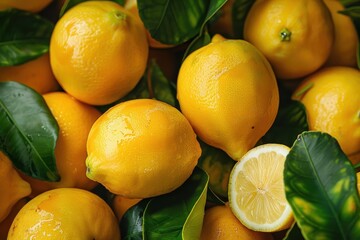 Close up of newly picked Meyer lemons from tree a cross between orange mandarin and regular lemon resulting in a sweeter fruit