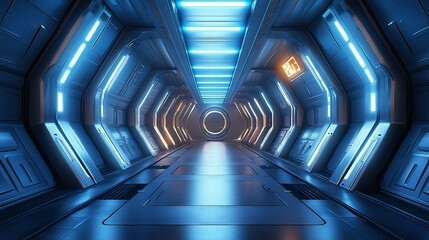 Obraz premium Futuristic spaceship corridor with blue and orange lights.