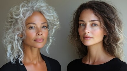 A captivating image featuring two women with distinct hairstyles and serene expressions,...