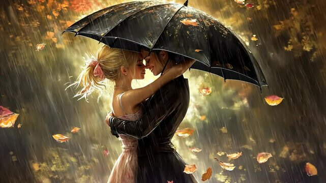 Romantic couple embracing under an umbrella in the rain amidst falling leaves during autumn