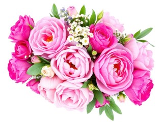 Fototapeta premium A beautiful arrangement of fresh pink peonies and roses on a white background with copy space, floral, roses, bunch