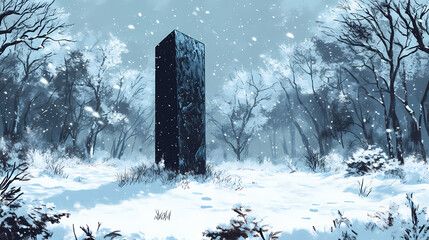 Mysterious monolith in a snowy forest. Monolith. Illustration