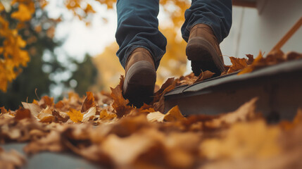 Fall Home Care: Person Cleaning Autumn Leaves from a Roof