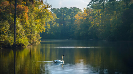 Serene Mute Swan Gliding on Lake Benson, Raleigh, North Carolina - Peaceful Nature Scene, Tranquil Water Reflections