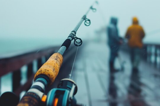 Close up photo of fishing rod on pier with blurred fisherman in background