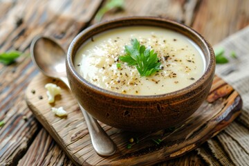 Close up shot of cauliflower soup in small bowl on wooden background