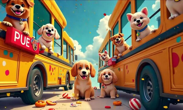 A group of adorable, playful dogs on a colorful school bus, setting off on a fun journey.

