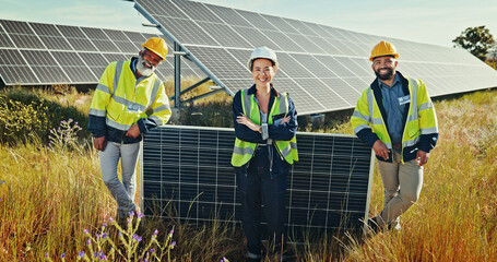 Solar panel, portrait and people with teamwork, sustainability and cooperation with hard hat....