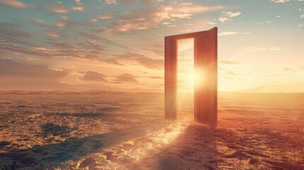 a 4K high-detail photograph of a modern wooden door in an endless desert