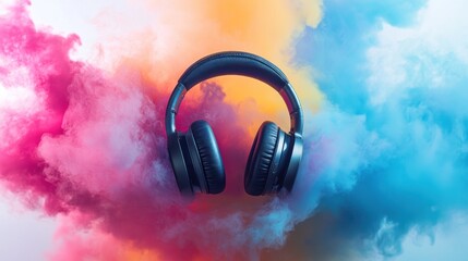 Black Flying headphones in midair on white background with colorful smoke