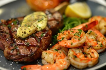 Close up steak with garlic butter sauce and king prawns surf n turf
