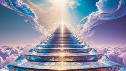 Stairway to heaven with shining light abstract illustration, afterlife, heaven, past life regression concept 