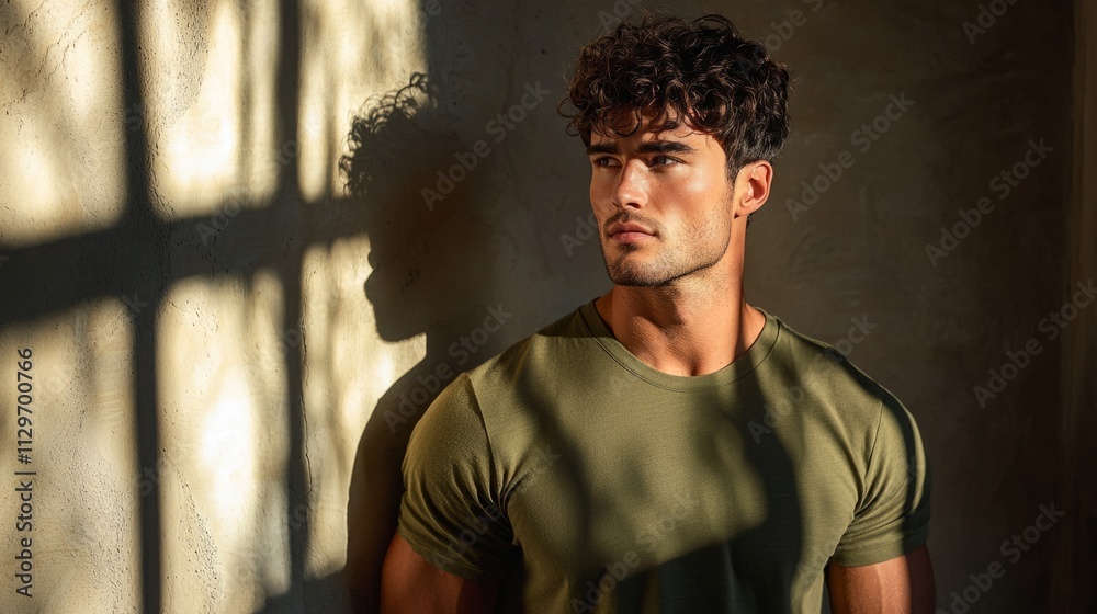 Poster a handsome man wearing an olive green t-shirt gazes thoughtfully while standing against a textured w