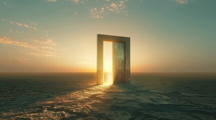 a 4K high-resolution photo of a minimalist wooden door in the middle of an empty desert slightly open with a dazzling light pouring out