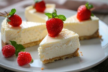 Close up view of cheesecake slices on plate