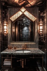 Elegant Dark Bathroom Vanity With Copper Accents